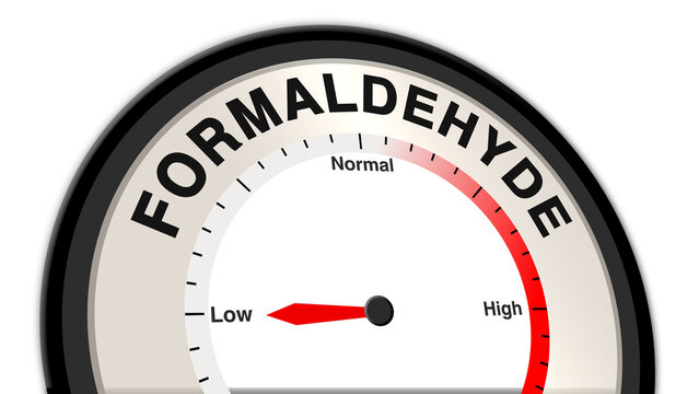 Formaldehyde at low levels, shown on a barometer or tachometer, indicating minimal concentration with manageable health and environmental impact, reflecting safe and stable conditions