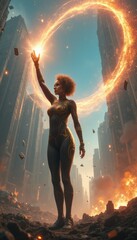 Empowered woman conjuring magic in a futuristic cityscape