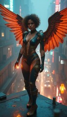 Fierce warrior with glowing wings in a futuristic cityscape