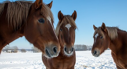 Three brown horses with white markings standing in a snowy field on a sunny day