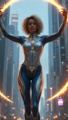 Empowered woman in futuristic suit creating a glowing portal