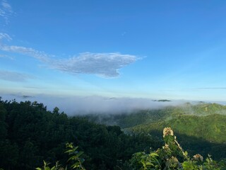 Rainforest ecosystem and healthy environment concept.hills with beautiful clouds in the morning. Summer Mountain with green plants and clouds in the sky. wooden hut on Mountain. Texture of green tree.