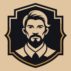 Bearded Man Vector Art Deco Portrait Emblem Badge Vintage Style with Black Outline on Tan Background