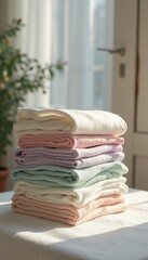 Neatly stacked pastel-colored blankets in soft sunlight