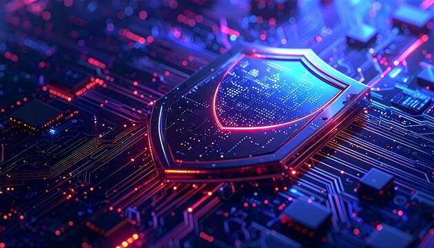 Cybersecurity Shield on Circuit Board - Protecting Digital Information.