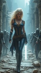 Fearless warrior woman strides confidently through ancient ruins