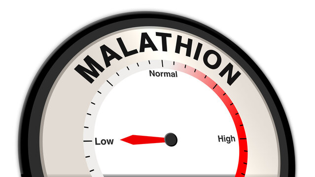 Malathion at low levels, shown on a barometer or tachometer, indicating minimal concentration with manageable environmental and health impact, reflecting safe and stable conditions