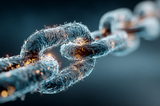 Blockchain concept illustration with connected digital blocks and nodes on a light blue background. Represents cryptocurrency, security, and technology.