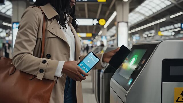 Commuter Taps Smartphone to Pass Gate at Subway Station Kiosk