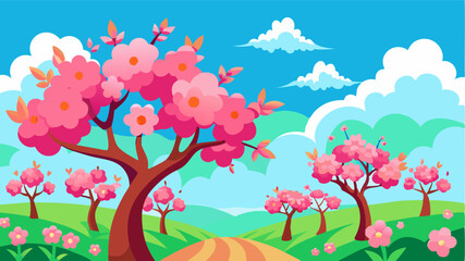 Fototapeta premium Against the backdrop of a vibrant blue sky a peaceful orchard comes alive with the delicate blooms of cherry and peach trees.