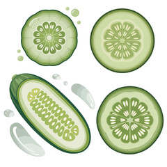 Fresh cucumber slices and whole cucumber pieces with water splashes for healthy food preparation