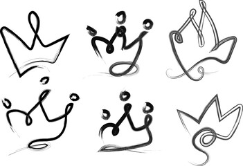 Abstract Crown Illustrations in Black and White Artistic Hand Drawn Set