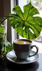 large vibrant green leaf cradles worn coffee cup soft morning light casting warm glow