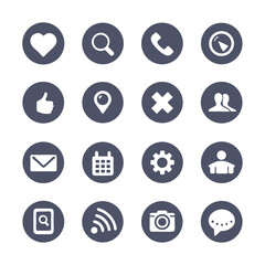 White social media glyph icons are displayed on solid blue gray circular buttons
