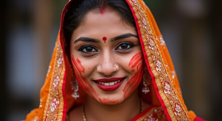 Beautiful Indian woman celebrating Holi festival with vibrant colors and traditional clothing, radiating joy and cultural richness at this joyful festival
