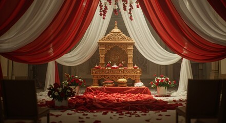 Elegant Hindu wedding mandap adorned with red and white fabrics and flowers, perfect for cultural events and celebrations filled with love and vibrant color