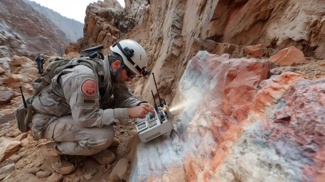 A geophysicist locating iron-rich mineral resources for mining exploration by using a magnetometer equipment over rough terrain.