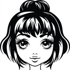 Monochromatic woman portrait shows animeinspired eyes and hair in a stylish topknot bun