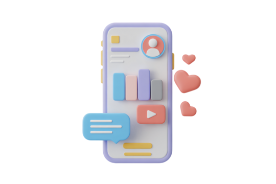 Modern 3D smartphone interface with social media engagement showing charts, comments, and hearts for online marketing success