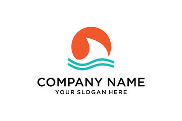 Ocean Sun and Shark Fin Wave Logo Design Template