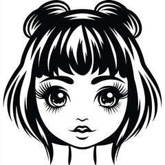 young girl with hairstyle and eyes in a black and white illustration