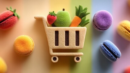 Stylized shopping cart with produce, whimsical beige, representing online grocery and consumerism