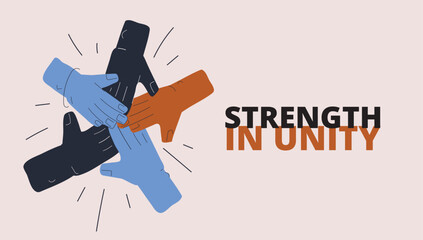 Cartoon vector illustration of hands stacked seen from above, symbolizing collaboration as working together toward shared goals
