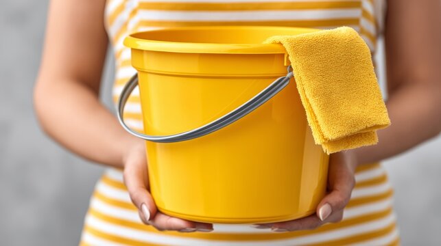 Woman holding a yellow cleaning bucket, diligent and prepared, for household chores