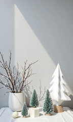 pastel grey backdrop features minimalist winter christmas setup delicate new year decorations soft warm