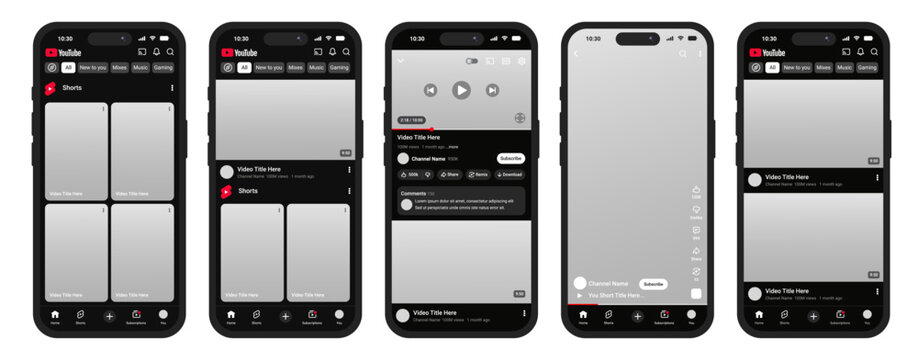 YouTube mobile app mockup vector smartphone screen interface design, UI template social media, video player layout, phone display illustration, user interface mobile design