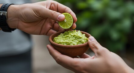 A close and casual view of guacamole being held in one hand with lime ready to squeeze