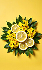 round arrangement bright yellow flowers lemon slices lush green leaves warm summer