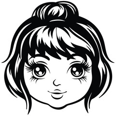 Pretty monochrome face of an anime style girl shows off her unique hair bun