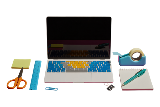Modern workspace setup with laptop, stationary, and colorful keyboard, perfect for business, design, and creative projects ready to start