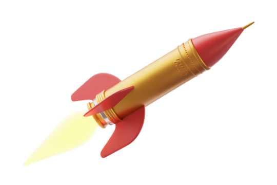 Dynamic 3D rocket blasting off, symbolizing innovation, progress, and future success in business, technology, and ambitious projects