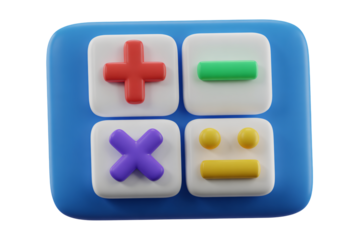 Colorful 3D calculator interface with plus, minus, multiply, and divide icons, perfect for educational or financial content