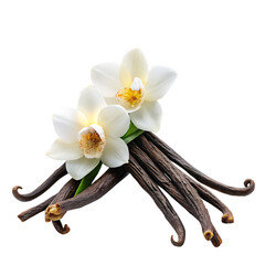 Vanilla sticks with flowers on a isolated white background. PNG