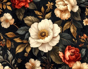 Ornate floral pattern with white, red, and cream flowers against a dark background