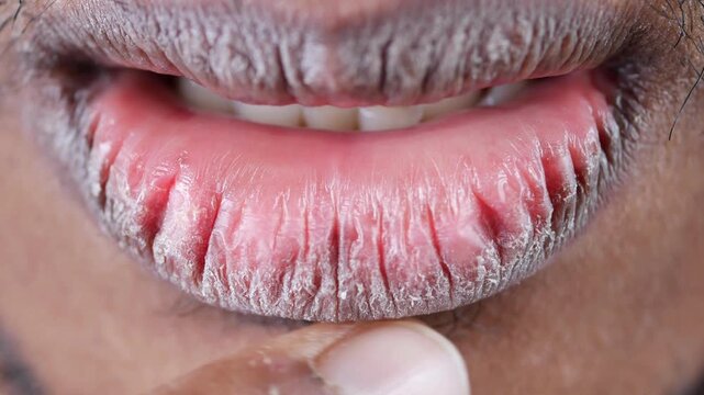 Close Up of a Young Man&rsquo;s Hand Touching Dry Lips &ndash; Male Face Detail Showing Chapped and Cracked Lips Due to Dehydration or Cold Weather, Skincare and Health Concept in 4K Ultra HD