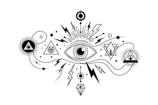 Mystical eye symbol with geometric elements, evoking spirituality, enlightenment, and hidden knowledge for esoteric designs