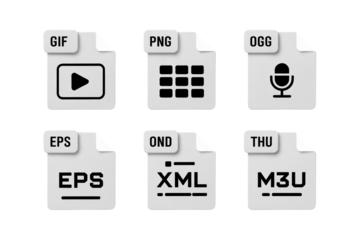 Modern file format icons representing various digital media types, ideal for website design, app interfaces, and user experience, conveying data and content organization