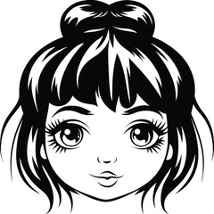 Outlined monochrome girl face shows her wide anime eyes and top bun hairstyle