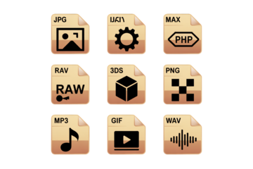 Essential file format icons representing various digital media types including image, audio, video, and 3D files for design and technical use