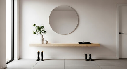 Minimalist hallway interior with a round mirror, wooden shelf, and boots