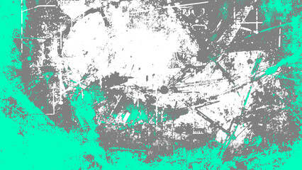 Grunge abstract background featuring distressed textures with gray, white, and teal paint splatters, rough scratches, and weathered patterns. Modern urban art design with high contrast and a vintage