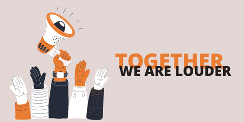 Cartoon vector illustration of a diverse group raising hands with a megaphone, symbolizing participation as expressing ideas together