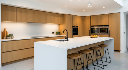 Modern kitchen interior with wooden cabinets, white countertop, and a kitchen island