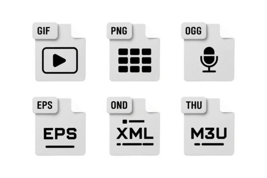 Modern file format icons representing various digital media types, ideal for website design, app interfaces, and user experience, conveying data and content organization