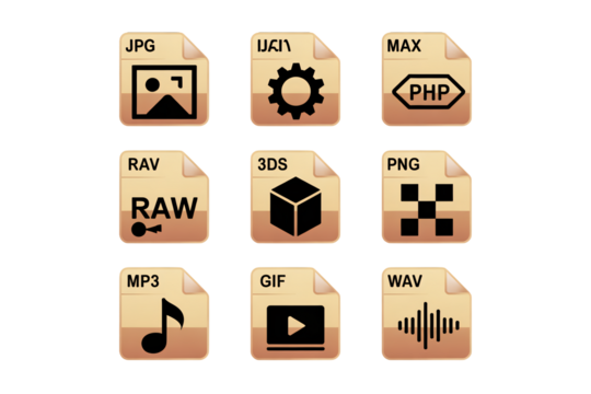 Essential file format icons representing various digital media types including image, audio, video, and 3D files for design and technical use