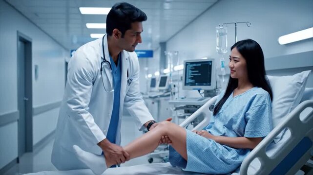 Caring Indian doctor checks on a young Asian woman's health, examining her leg during recovery in a hospital